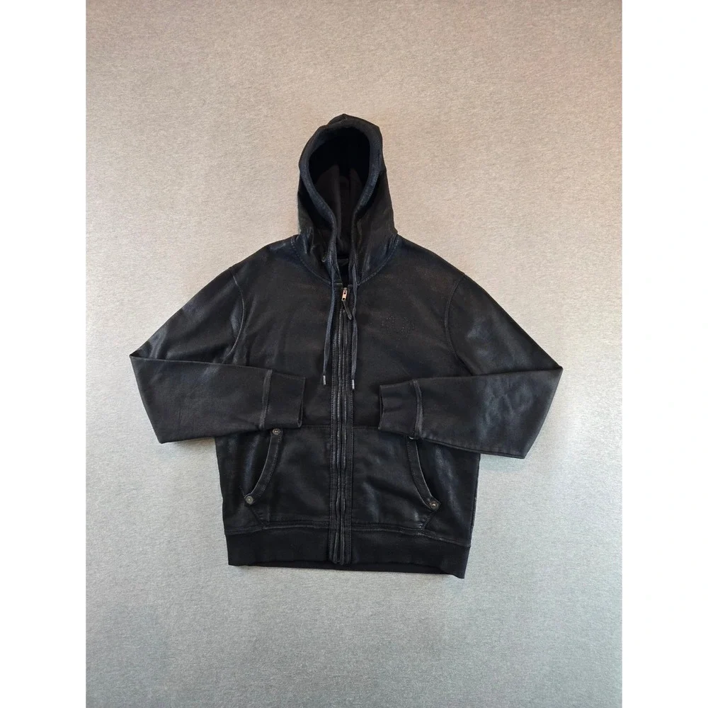 True Religion Hoodie Mens Large Black Coated Waxed Full Zip Horseshoe Logo Moto